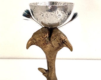 Silver and bronze small feathered bird decorative egg cup