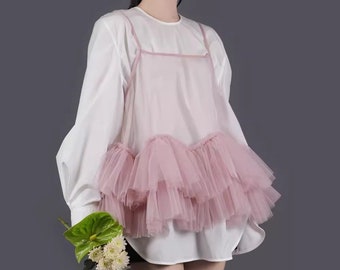 Women's Tulle Top, Mesh Suspenders Top, Cute Summer tutu Top, short cover Top,Tulle Sleeves Top, Sheer Mesh Top, Top Women, Gift for Her