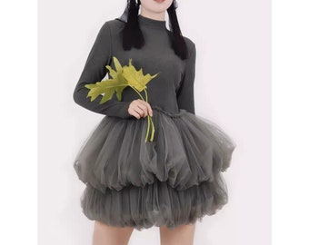 Vestido de mujer hecho a mano, vestido de manga larga, vestido hinchado, vestido de tul de punto, vestido corto, vestido de princesa, vestido dulce, mini vestido, vestido babydoll