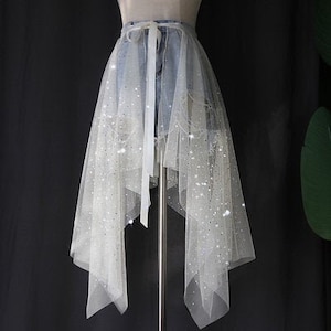 Hot chic irregular Chiffon Skirt,Shiny Tulle Lace Skirt,White Sheer See Through Skirt, long transparent skirt, overskirt,Girls Skirt