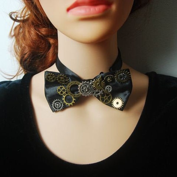 Handmade Unique Personality Steampunk Gear Adjustable Black Bow Tie Choker, Steampunk Bow Tie Necklace,Black Steampunk Choker