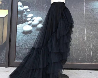 Black Layered Pleated Dress,Front Short Back Long Tail Style,Princess Beach Photo/Activity Mesh Skirt