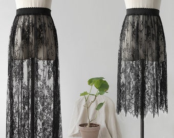 Lace Skirt,Lace lined Base Skirt,Black Lace Sheer See Through Circle Cut Mini Skirt,Black lace skirt, long transparent skirt, overskirt