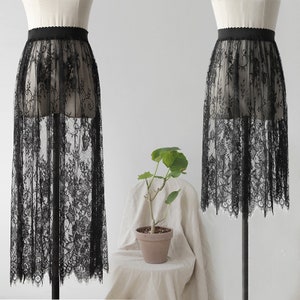 Lace Skirt,Lace lined Base Skirt,Black Lace Sheer See Through Circle Cut Mini Skirt,Black lace skirt, long transparent skirt, overskirt