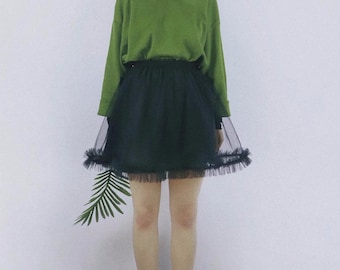 Tulle A-Line Mini Skirt-Black High Waisted Short Skirt,Slimming Petite-Friendly Design for Women