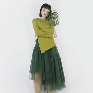 Asymmetrical Tulle Pleated Skirt Elastic Waist,Midi Skirt, Dramatic Swing Skirt,Gift for Her