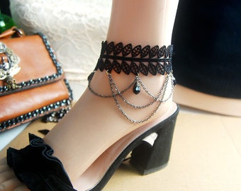 Gothic Lace Pearl Anklet Handmade Lace Anklet With Crystal Pendant Decoration,Bridal Accessories,Lace Jewelry,Foot Chian,Foot Decoration