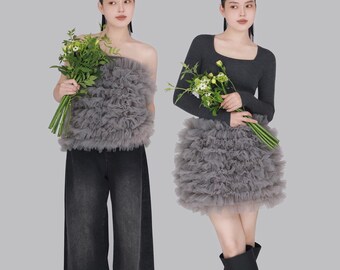 Women 2‑in‑1 Tiered Layered Tulle Skirt/TUBE TOP, Wear as Bandeau Top or Bodycon Mini Skirt, Bud Shaped Hip‑Hugging Short Skirt