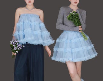 Women 2-in-1 Convertible Mesh Puffy Mini Skirt,  Dual Wear as Tube Top or Tulle Skirt Daily Party Streetwear,Elastic Waist Tutu Skirt