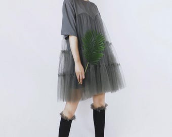 Summer 100% Cotton Long T-Shirt, Bohemian Loose Style Shirt Dress With Tulle Decoration,Mesh Tulle Dress