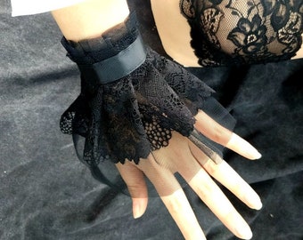 Black Lace Cuff Bracelet,Lace Wrist Cuff, Ruffled Lace Cuff Bracelet,Gothic Cuffs,Romantic Black Goth Cuffs