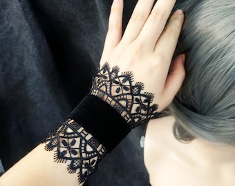 Handmade Black Lace & Flannel Bracelet,Tattoos Cover up Bracelet,Retro Black Lace Bracelet,gothic jewelryWomen Gift,Gift for Her