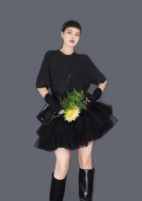 tulle knit dress Sweater with Short Sleeves, Mesh Panels & Flared Short Dress,Dating Dress,Gift for Her WOMEN DENIM