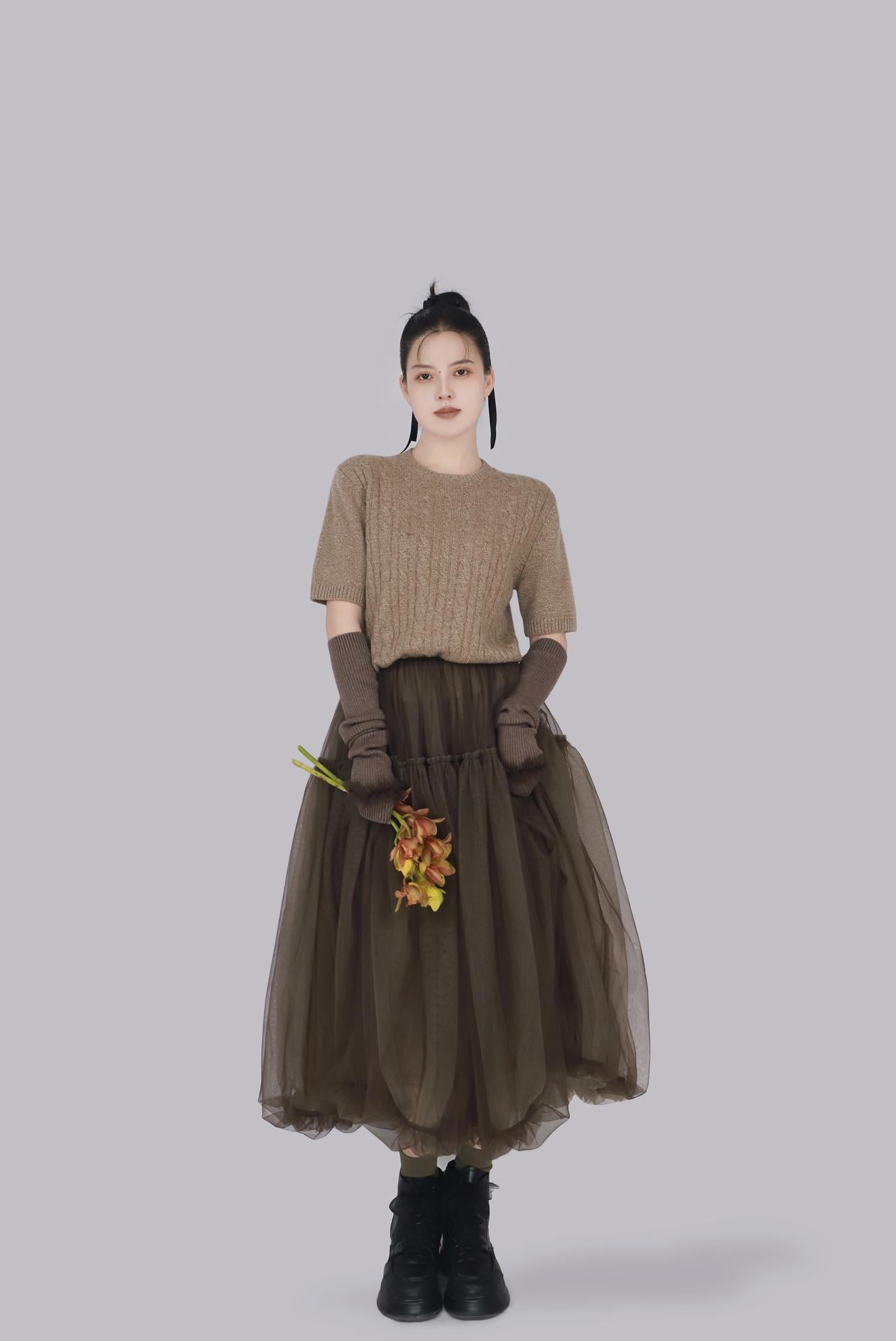 pullover knitted tulle dress Elegant Short Sleeve Knit Sweater With Skirt, Casual Comfort & Stylish Everyday Wear V-DAY