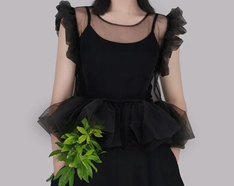 Fashion Women Sheer See‑Through Mesh Overlay, Versatile Layering Outer Piece, Ruffle Mesh Top, short cover Top,Tulle Sleeveless Top