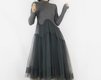 Original Semi-Turtleneck Cashmere Long Dress with Mesh Decoration,A-Line Slimming Knitted Dress with Asymmetrical Hem