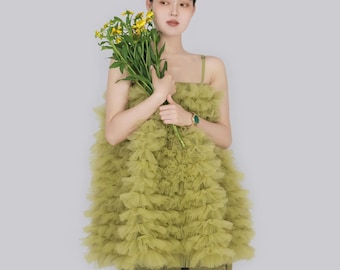 TEATREE Sleeveless Tulle Puffed Dress, Cute Summer short Dress, Casual Dress, Halterneck Dress,Gift for Her