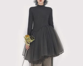 Gray Tulle Dress: Velvet Lined, Long Sleeve, Semi-High Neck