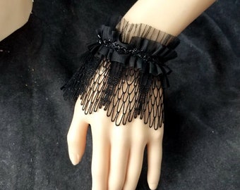 Black Lace Cuff Bracelet,Lace Wrist Cuff, Black Ruffled Lace Cuff Bracelet,Gothic Style Lace Cuffs,Romantic Black Goth Cuffs