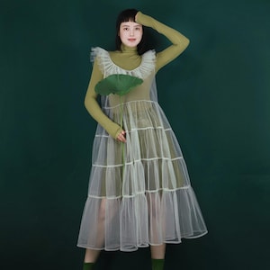 knee length dresses for ladies Embellished Long Flare Sleeve Mesh A-Line Dress
