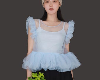 Fashion Women Sheer See‑Through Mesh Overlay, Versatile Layering Outer Piece, Ruffle Mesh Top, short cover Top,Tulle Sleeveless Top