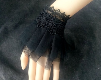 Black Lace Cuff Bracelet,Lace Wrist Cuff, Black Ruffled Lace Cuff Bracelet,Gothic Style Lace Cuffs,Romantic Black Goth Cuffs