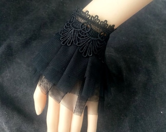 Schwarze Spitze Manschette Armband,Spitze Handgelenk Manschette,schwarz gekräuselte Spitze Manschette Armband,Gothic Style Spitze Manschetten,Romantische Schwarze Goth Manschetten