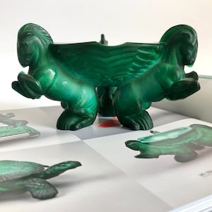 Curt Schlevogt Ingrid collection Malachit green glass Book Art Deco ashray horses Collectible Czechoslovakia Czech