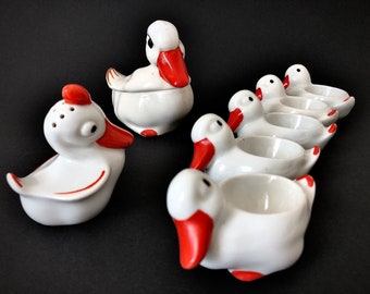 Vintage Art deco porcelain egg cups salt shaker gravy boat Breakfast set Duck Czechoslovakia Kids dish Tableware Hand painted
