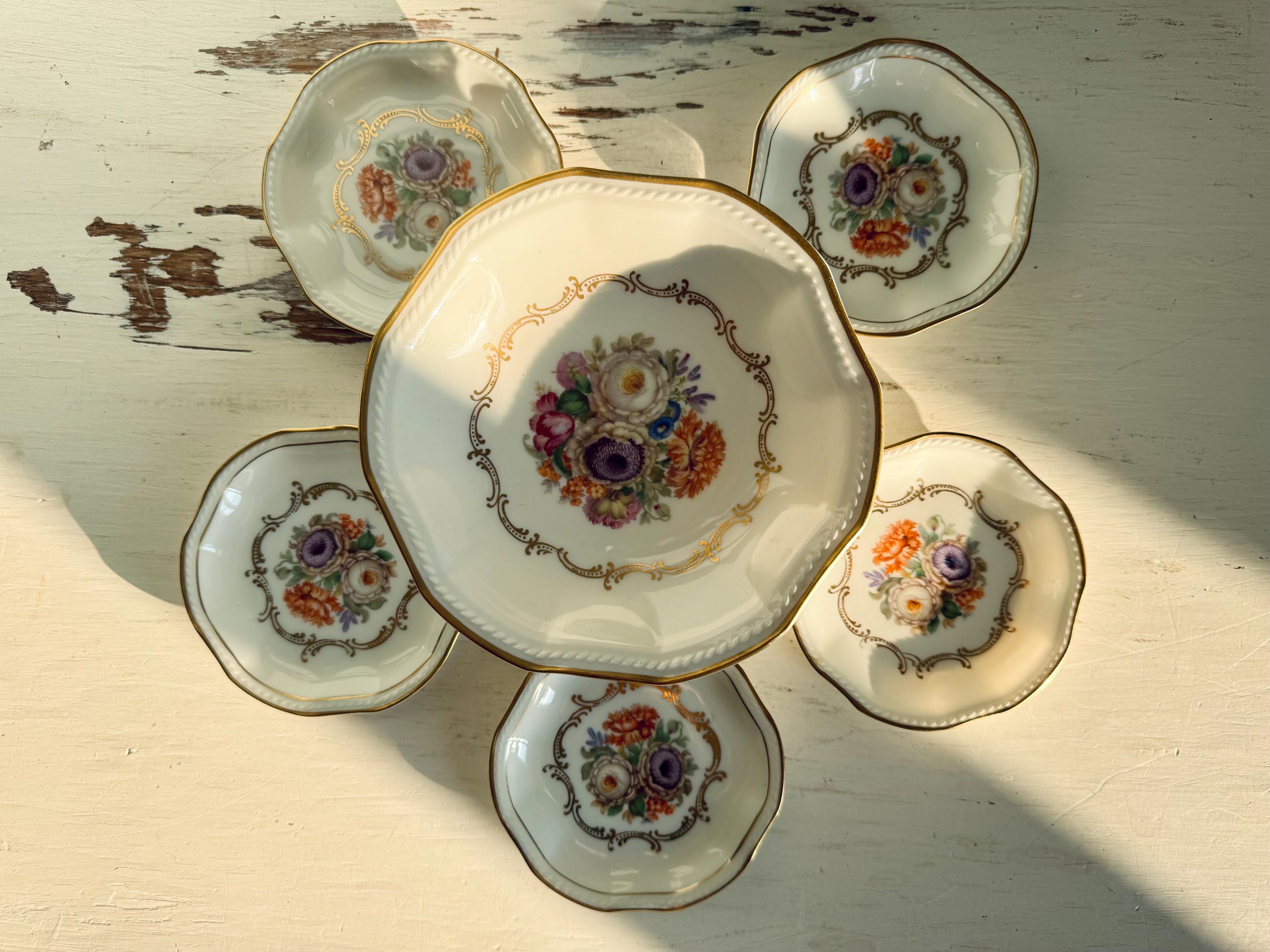5+1 Rosenthal 1901-1906 Kronach-Bavaria Hildegard Antique porcelain bowl Desert Dishes Flower pattern Hand paint Vintage Germany Markgrafin