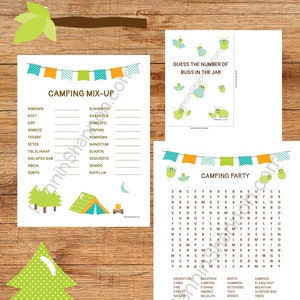 Gamepakket voor Kids Camping Party Bundle: Woord zoeken, mixen en het aantal bugs in de pot raden spel Camping Birthday Party Printables