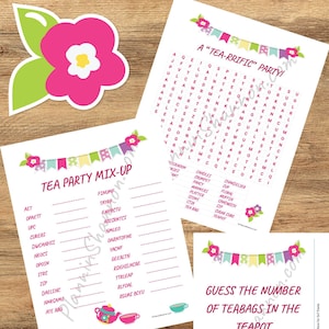 Könnte beinhalten: Ein druckbares Tee-Party-Spiel mit einem Wortsuchrätsel, einem Wort-Scramble und einem Rate-Spiel, bei dem man die Anzahl der Teebeutel in der Teekanne erraten muss. Die Spiele sind mit rosa, grünen und blauen Teetassen und Teekannen verziert.