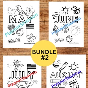 Months of the Year color sheets May through August coloring pages for kids