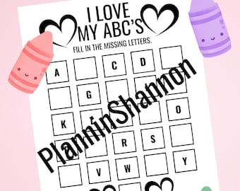 Valentine ABC worksheet Kids Valentine letter sheet holiday worksheet ABC&#39;s fill in the blank