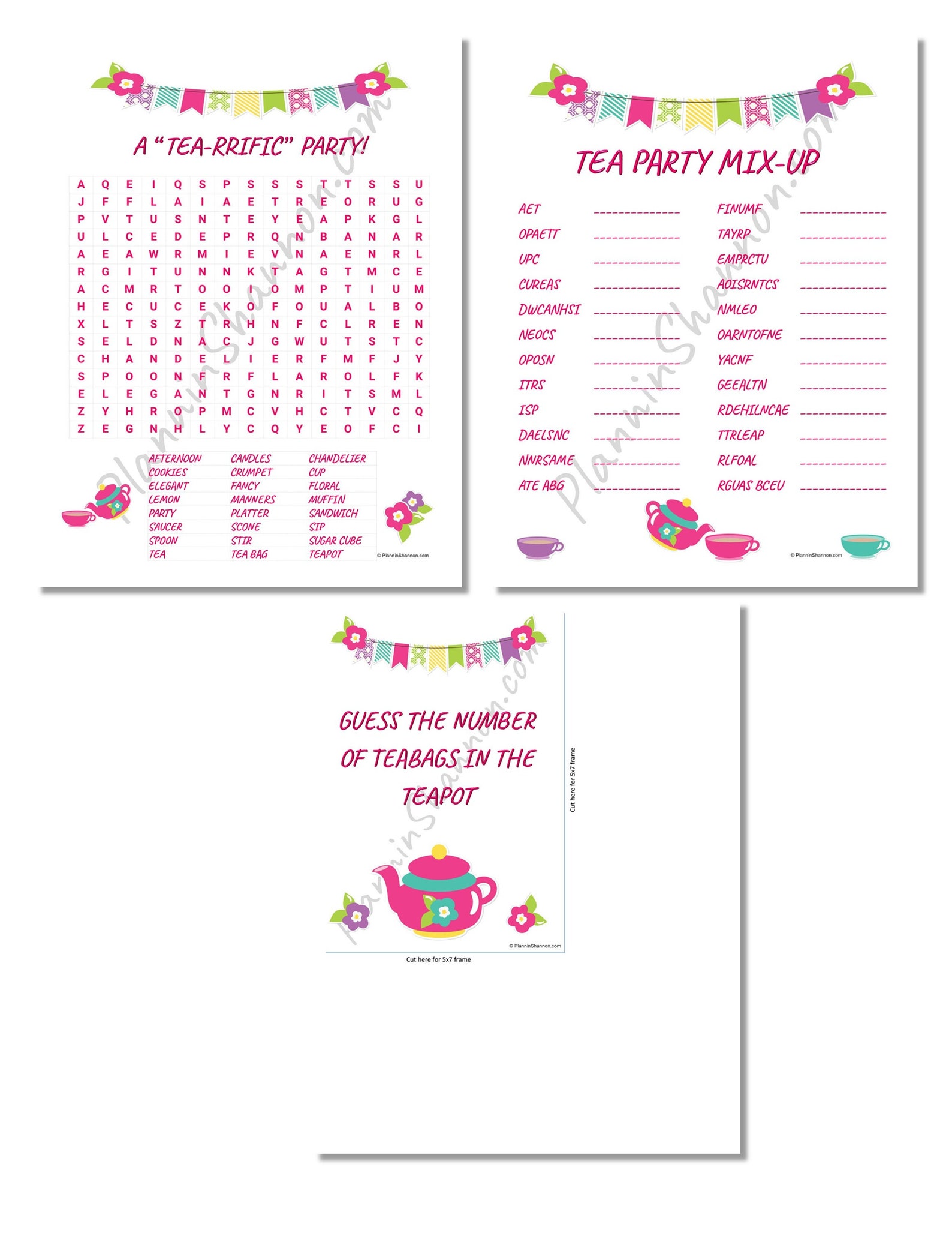 Kids Tea Party Bundle Game Pack the Tea Set Word Search, Mixup, and