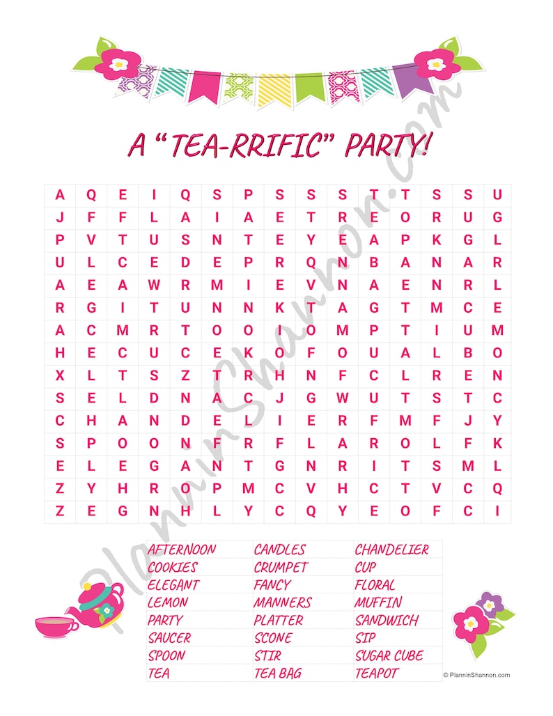 Kids Tea Party Bundle Game Pack the Tea Set Word Search, Mixup, and