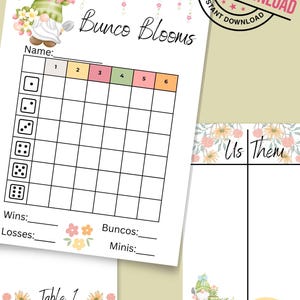 May include: A printable Bunco score sheet featuring a green gnome, floral garlands, and dice icons. The document includes fields for names, wins, losses, Buncos, and Minis, alongside a separate tally sheet labelled Us and Them and a Table 1 card.