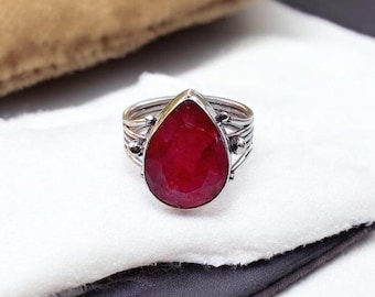 Handgemachter Roter Tropfen Rubin Ring: Sterling Silber Schmuck