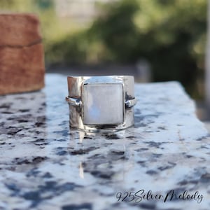 Rainbow Moonstone Ring | Wide Band Ring | 925 Sterling Silver Ring | Moonstone Jewelry | Boho Ring | Handcrafted Ring | Gemstone Gift Ring