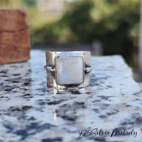 Rainbow Moonstone Ring: Wide Band 925 Sterling Silver, Handcrafted