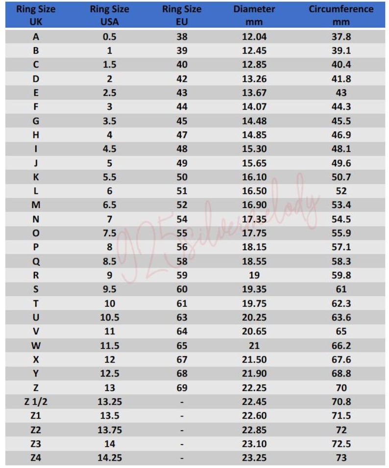 May include: A ring size conversion chart featuring columns for UK, USA, and EU sizes, alongside diameter and circumference measurements in millimeters. The table lists values from UK size A to Z4, with corresponding USA sizes from 0.5 to 14.25.