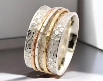 Sterling Silver Spinner Ring: Three-Tone Fidget Meditation Ring