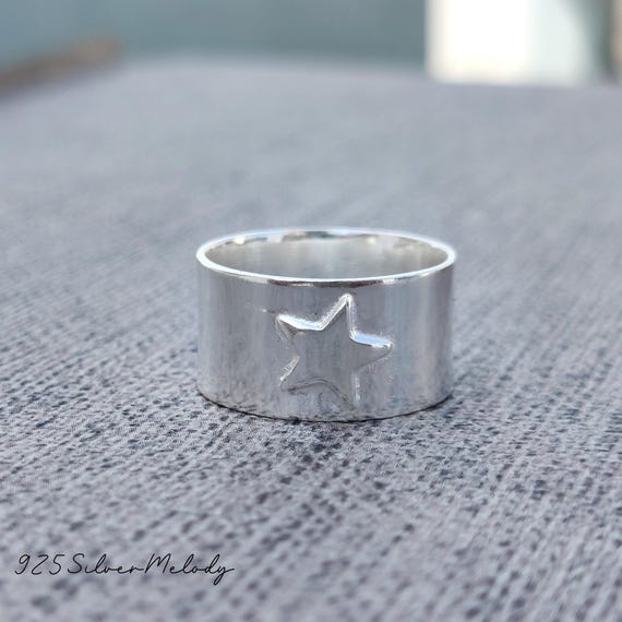 Handmade Sterling Silver Star Ring - Wide Band Promise Ring