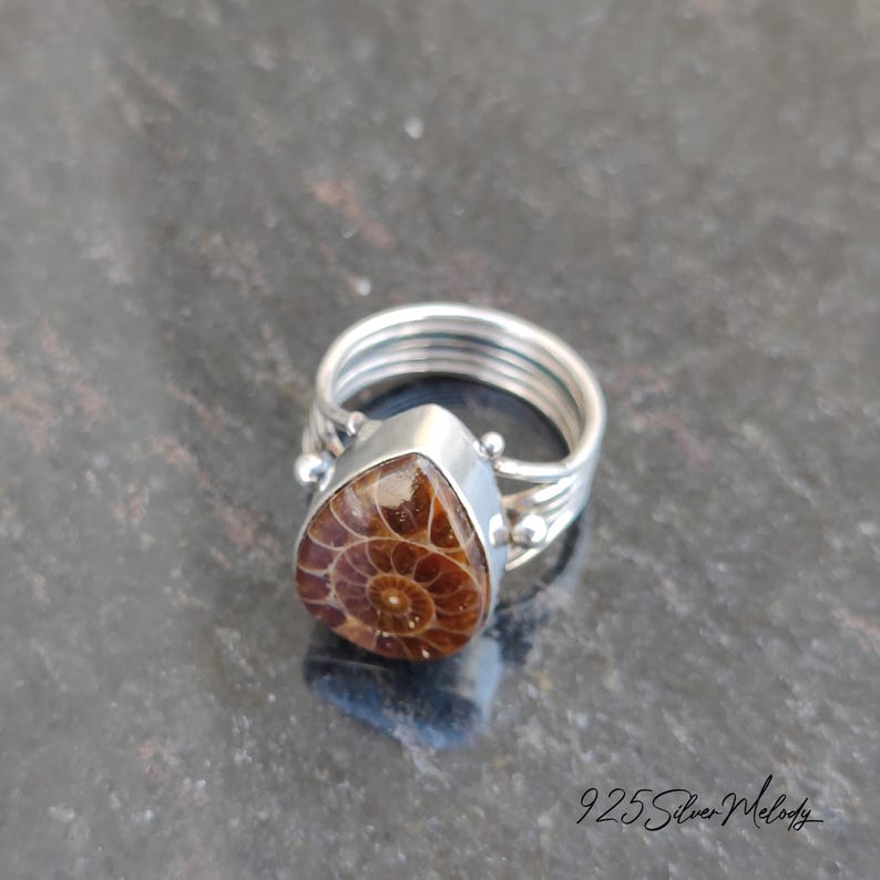 Peut inclure: Une bague en argent avec une pierre pr&eacute;cieuse ammonite brune sertie en forme de larme. La bague a une bande torsad&eacute;e avec de petites perles d'argent.