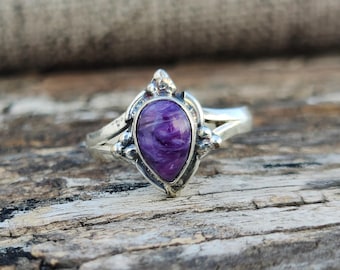 Handmade Charoite Gemstone Ring: 925 Sterling Silver Statement Jewelry