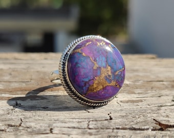 Purple Copper Turquoise Sterling Silver Ring: Handmade Oval Gemstone