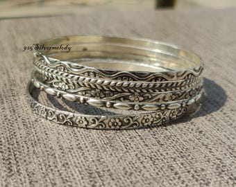 Oxidised Bangle Silver Bangles, Set Of 5 Bangles, Sterling Silver Handmade Bangles, Oxidised Bangles, Silver Boho Stacking Bangles For Women