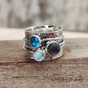 Labradorite Ring, Larimar & Blue Topaz Spin Ring, Multi Stone Ring, Gemstone Spinner Ring, 925 Silver Ring, Handmade Wide Band Spinner Ring