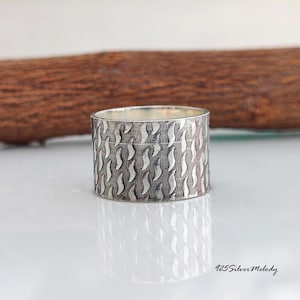 925 Sterling Silver Ribbed Stacking Statement Ring, Handmade Men Women Promise Thumb Wide Band, Chiseled Silver Jewelry