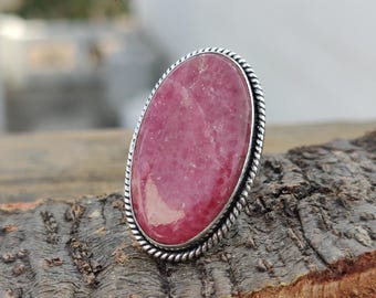 Handmade Rhodonite Ring: Sterling Silver Boho Jewelry